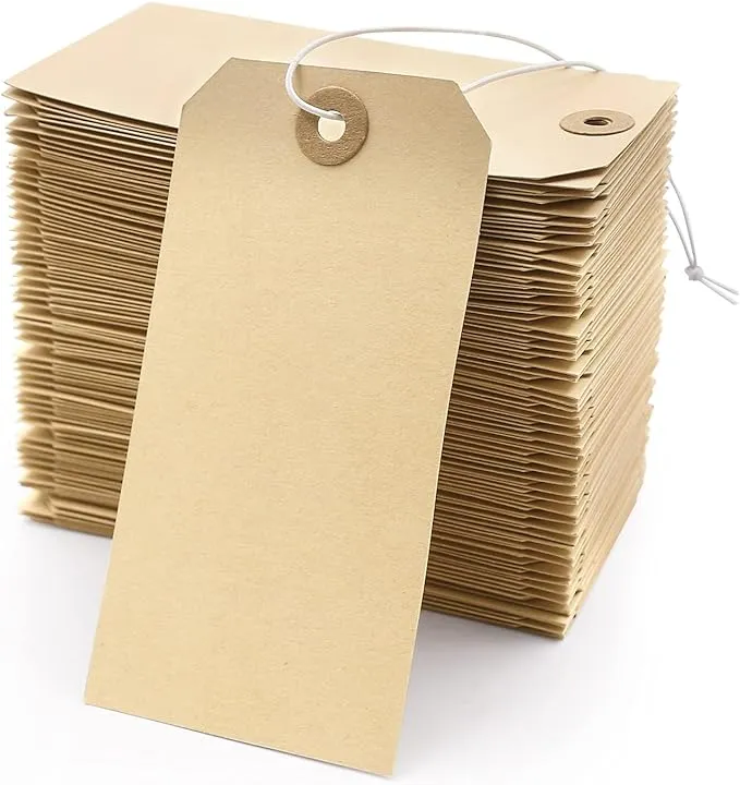 Blank Manila Shipping Tags with Elastic String - Coideal 120 Pcs Strung Cardstock Paper Tags Attached Reinforced Hole, 4 3/4" x 2 3/8"