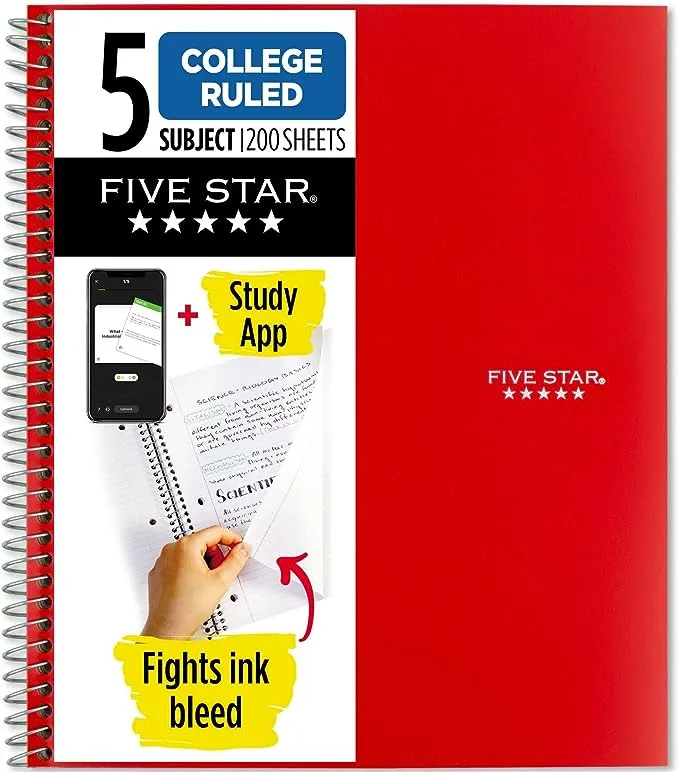 Five Star 5 Subject College Ruled Notebook, Black