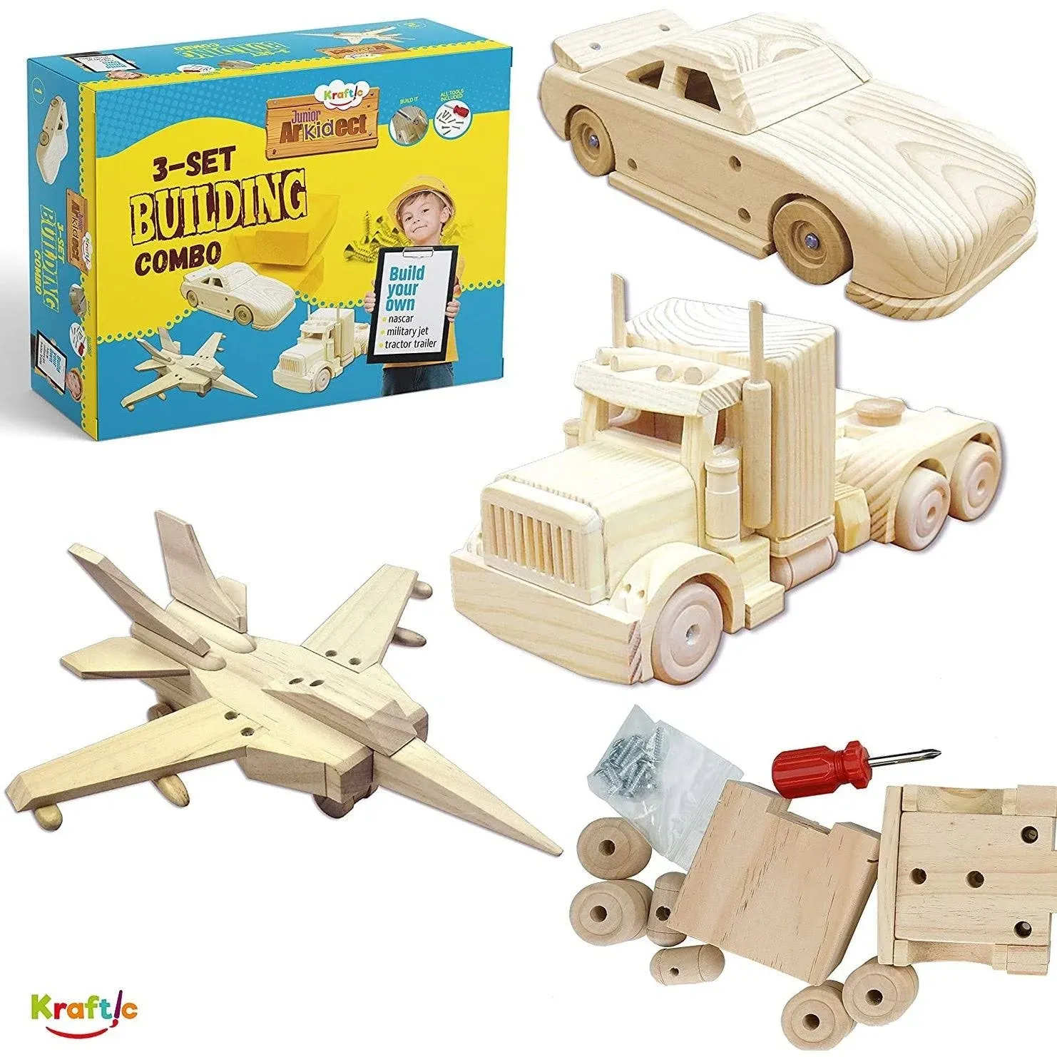 Kraftic Woodworking Building Kit for Kids and Adults, 3 Educational DIY Carpentry Construction Wood Model Kit Toy Projects for Boys and Girls - Build a Wooden Military Jet Race Car and Tractor Trailer