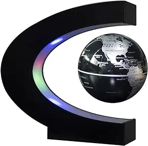 Estefanlo Floating Globe with LED Lights C Shape Magnetic Levitation Floating Globe World Map for Desk Decoration (Black-Silver)