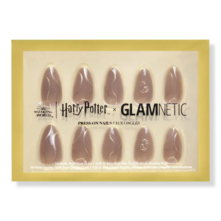 Harry Potter™ x Glamnetic Press On Nails - Golden Cup™ | Semi-Transparent Brown 3D Graphic Short Almond False Nails, Reusable Stick On Fake Nails with Glue | Salon Quality | 15 Sizes - 30 Nail Kit