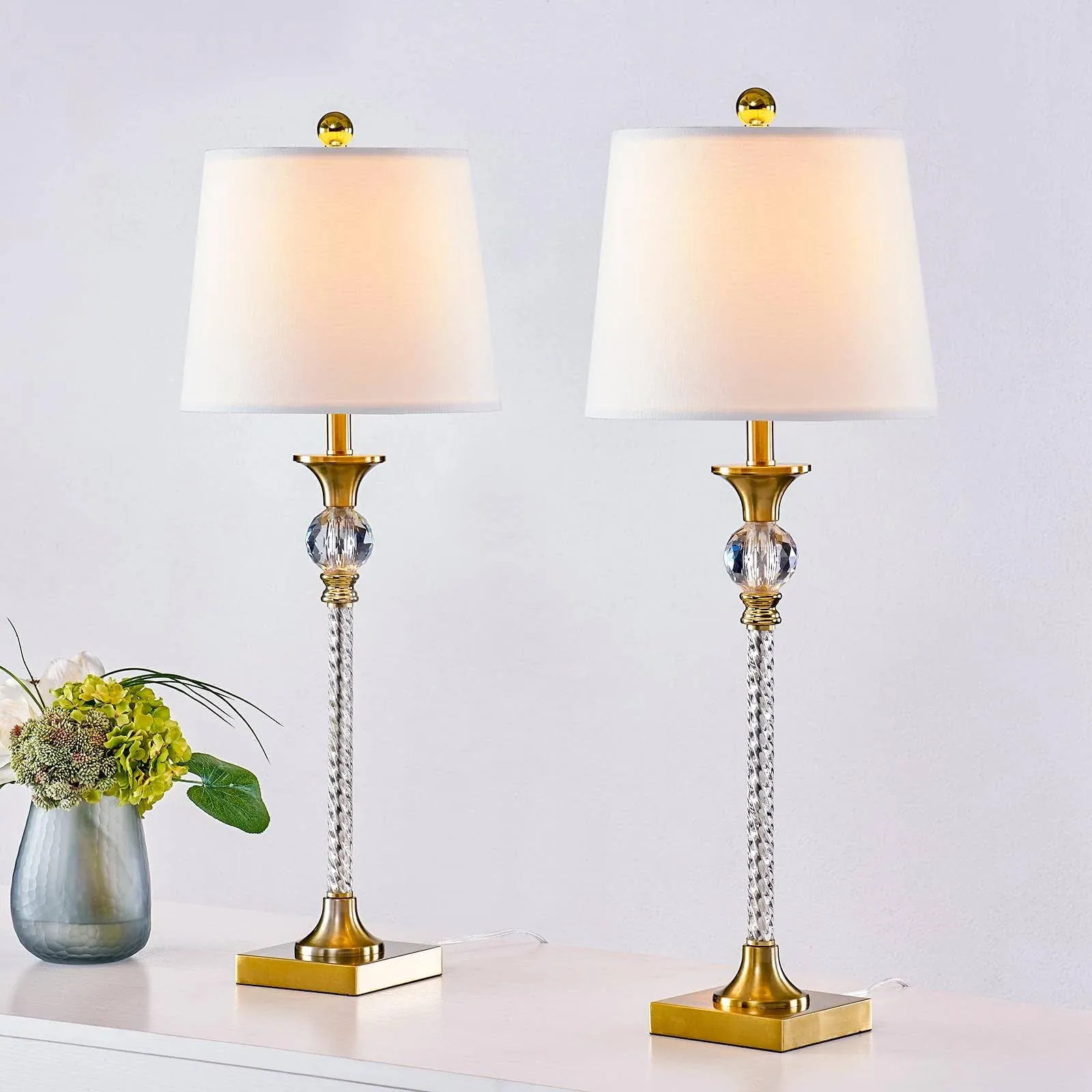 29" Crystal Buffet Table Lamps Set of 2, Modern Tall Skinny Brass Gold Bedside Lamps for Bedroom, 3-Way Dimmable End Table Nightstand Lamps with White Fabric Shade for Living Room, Entryway