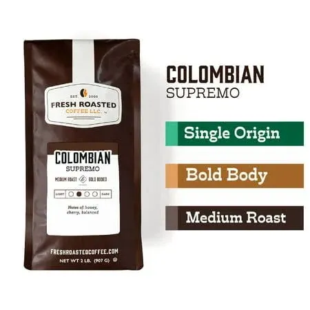 Fresh Roasted Coffee, Colombian Supremo, 2 lb (32 oz), Medium Roast, Kosher, Whole Bean