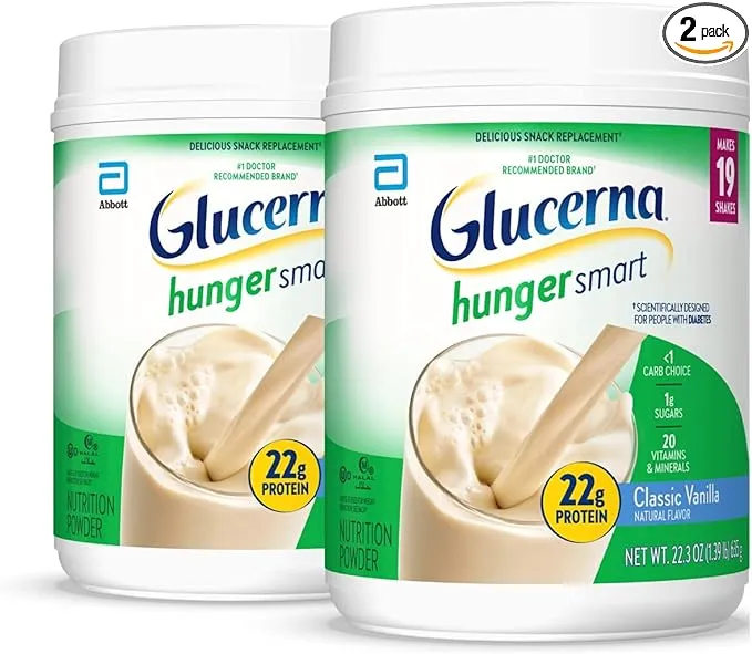 Glucerna Hunger Smart Powder, Diabetic Nutrition, Blood Sugar Management, 22g Protein, 120 Calories, Classic Vanilla, 22.3-oz tub, 2 Count