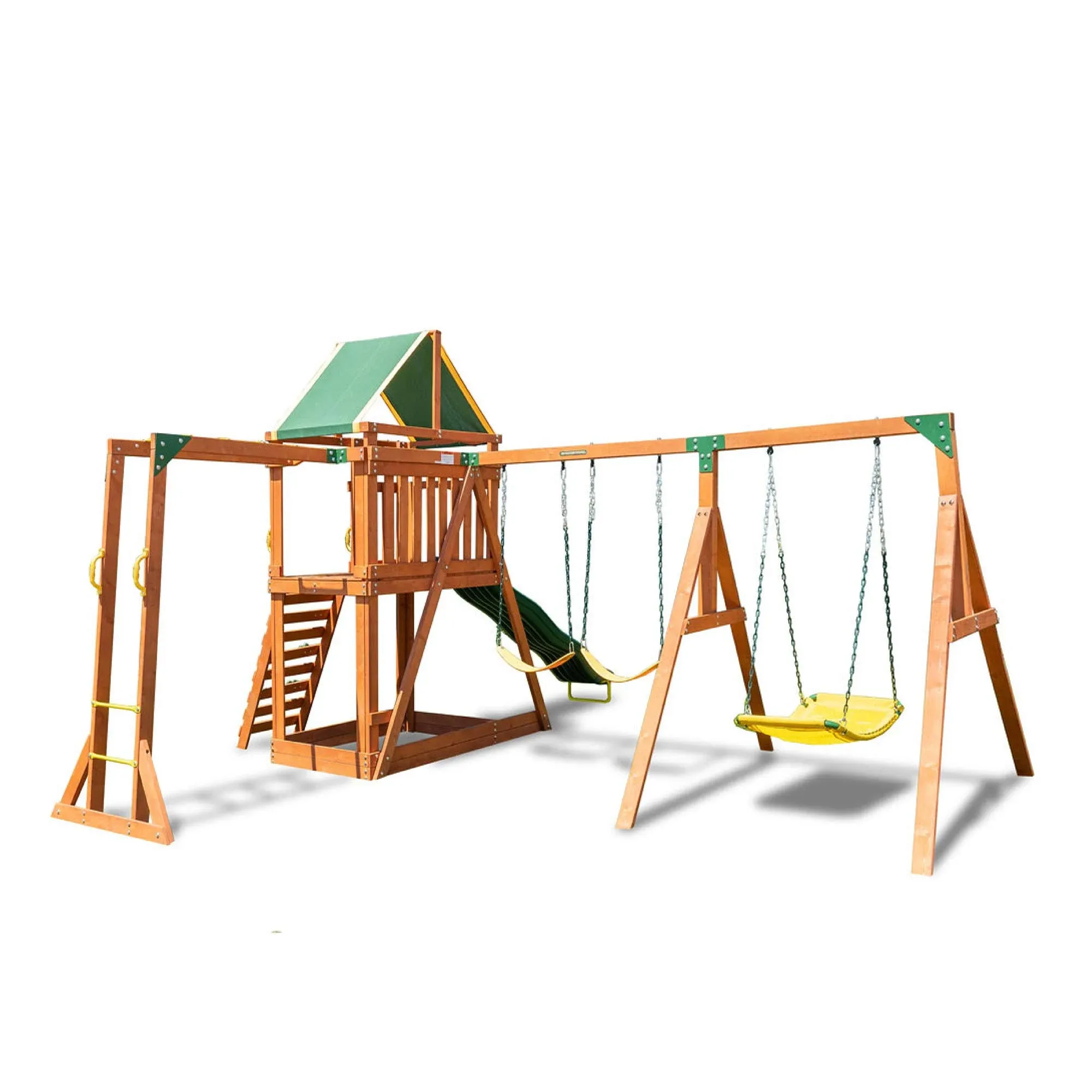 Sportspower Olympia Wood Swing Set with 3 Swings, Slide, and Monkey Bars, Natural ...