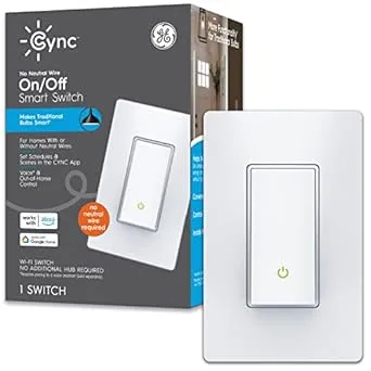 GE Lighting CYNC Smart Light Switch On/Off Paddle Style, No Neutral Wire Required, Bluetooth and 2.4 GHz Wi-Fi 3-Wire Switch, Works with Alexa and Google Home, White