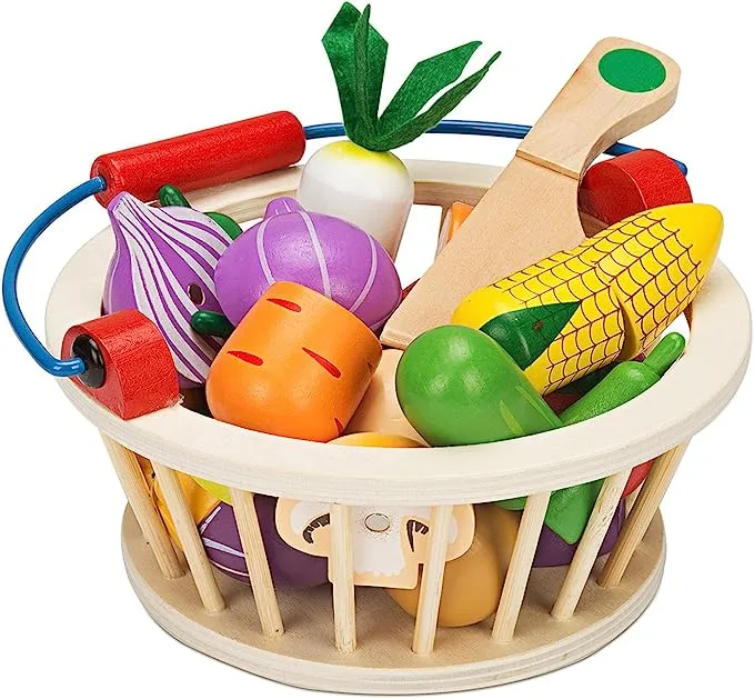 Victostar Magnetic Wooden Cutting Fruits Vegetables Food Play Toy Set with Basket for Kids (Vegetables)