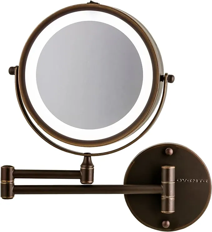 OVENTE 7" Lighted Wall Mount Makeup Mirror, 1X & 7X Magnifier, Adjustable Double Sided Round LED, Extend, Retractable & Folding Arm, Compact & Cordless, Battery Powered Antique Bronze MFW70ABZ1X7X