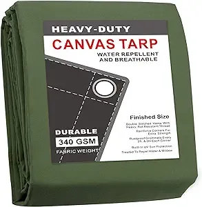 CARTMAN Finished Size 10x16 Feet Tan Canvas Tarp with Rustproof Grommets, 12 Oz Heavy Duty Multipurpose Tarpaulin Cover for Canopy Tent, Roof, Camping, Woodpile