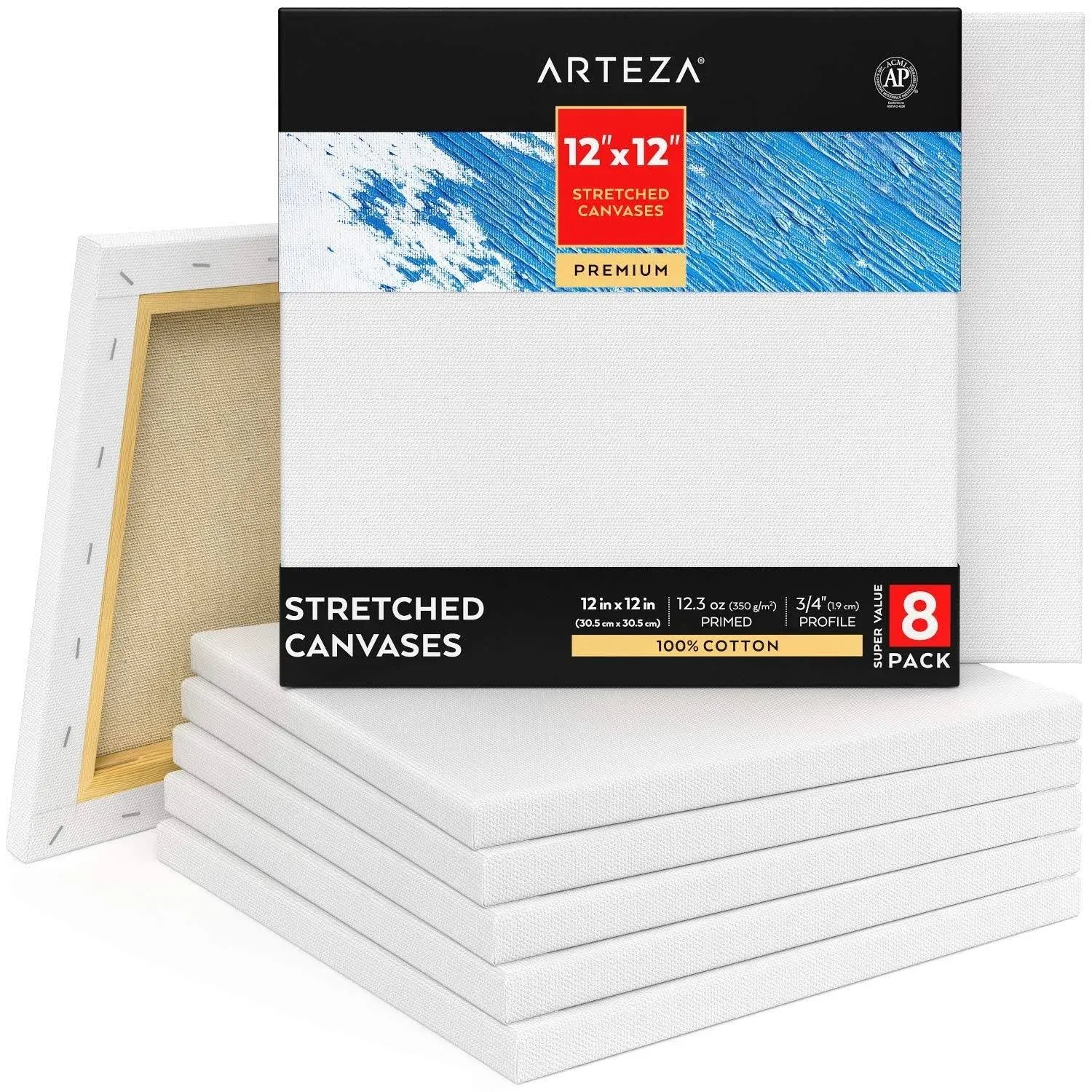 ARTEZA Premium Stretched Canvas, 12 x 12 Inches, Pack of 8, Blank White Square Canvas Boards for Acrylic, Oil and Gouache Painting