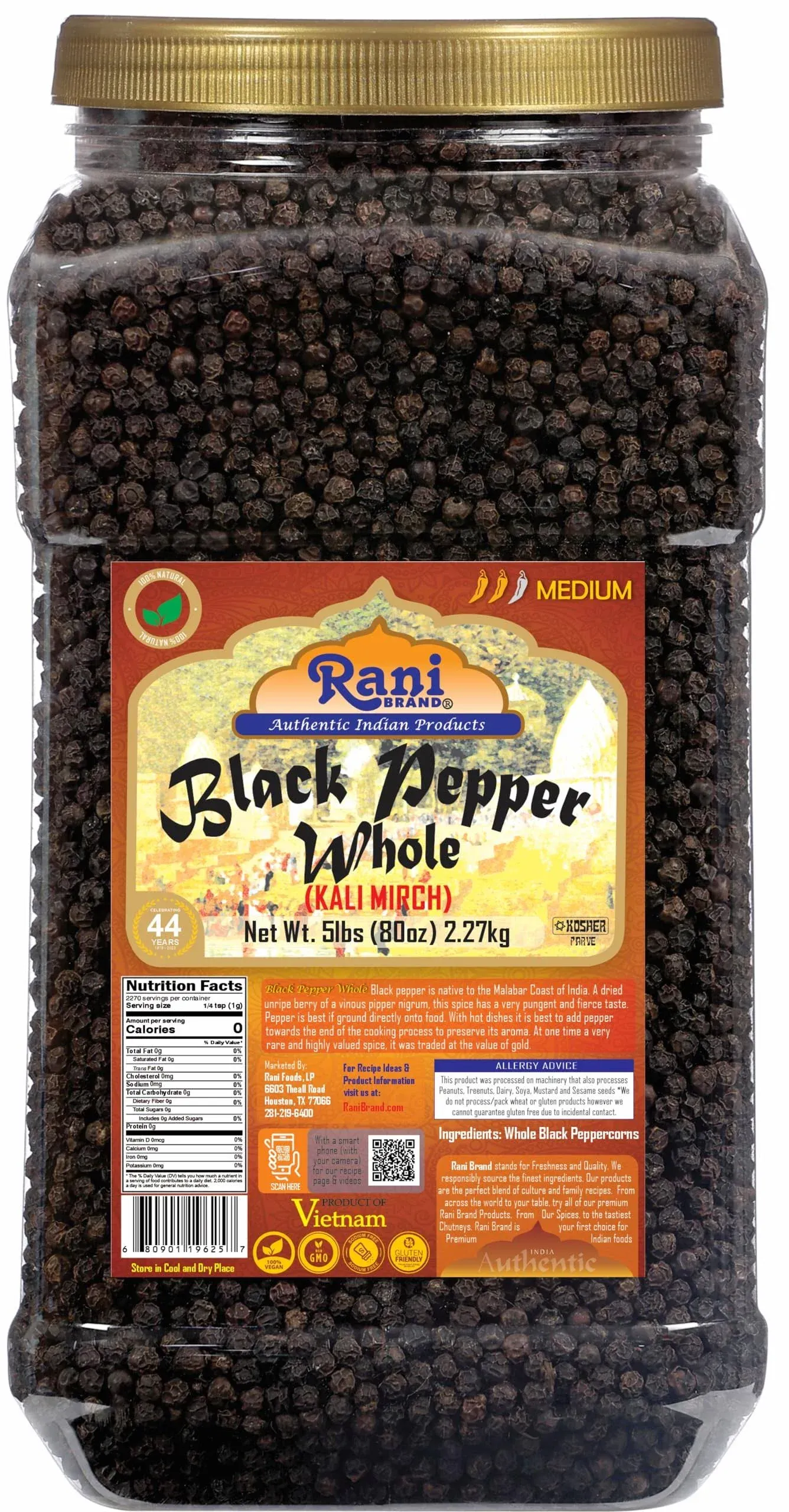 Rani Black Pepper Whole (Peppercorns), Premium Indian mg-1 Grade 80oz (5lbs) 2 ...