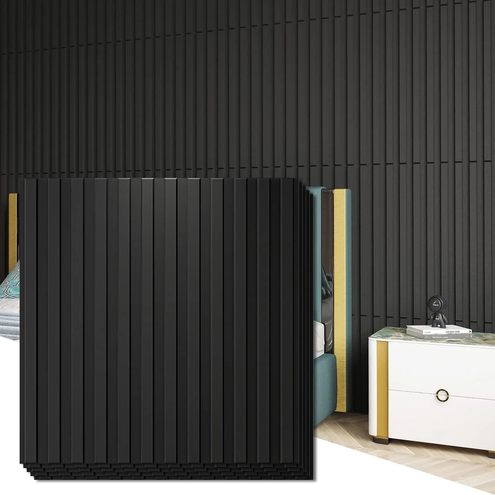  Slat Wall Panel, 3D Fluted Textured Panel 12-Tile 19.7 x 19.7in. - Black 