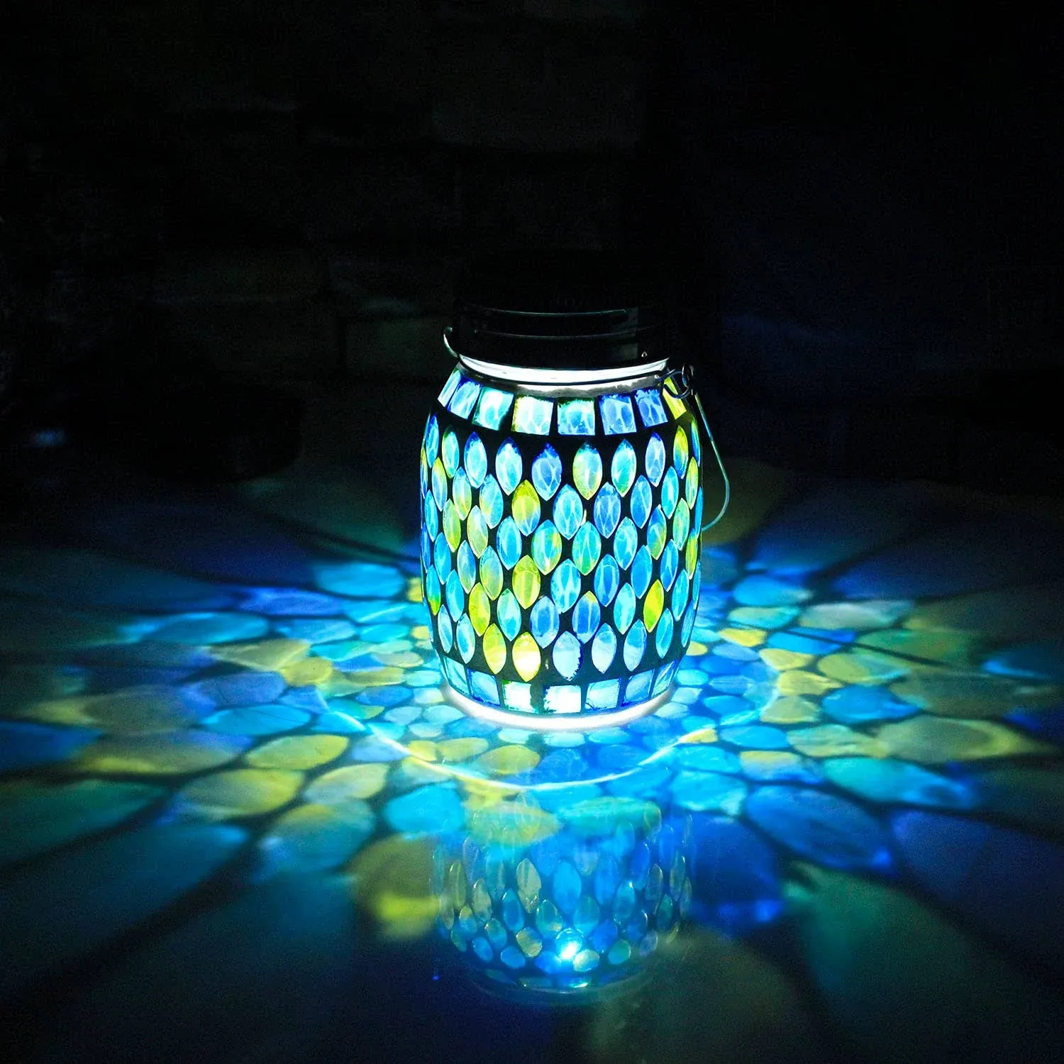 GUANFU Mosaic Solar Lanterns Outdoor Hanging Lights, Solar Table Lamps Cool Blue ...