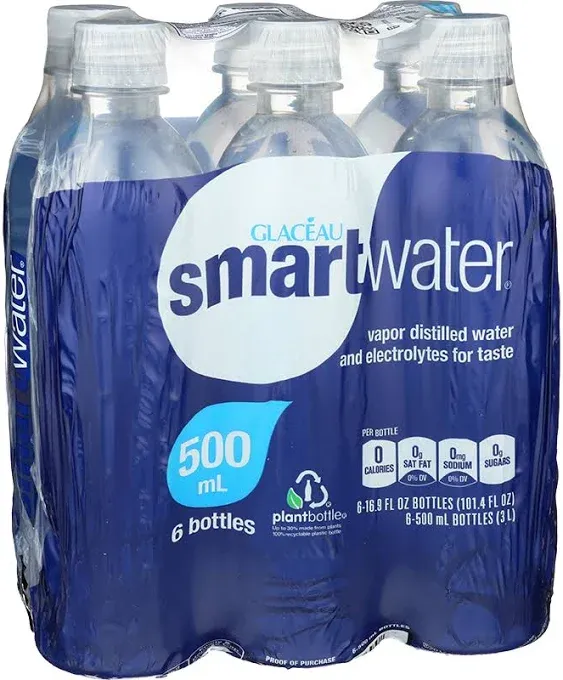 smartwater Vapor Distilled Water 6 - 16.9 fl oz Bottles