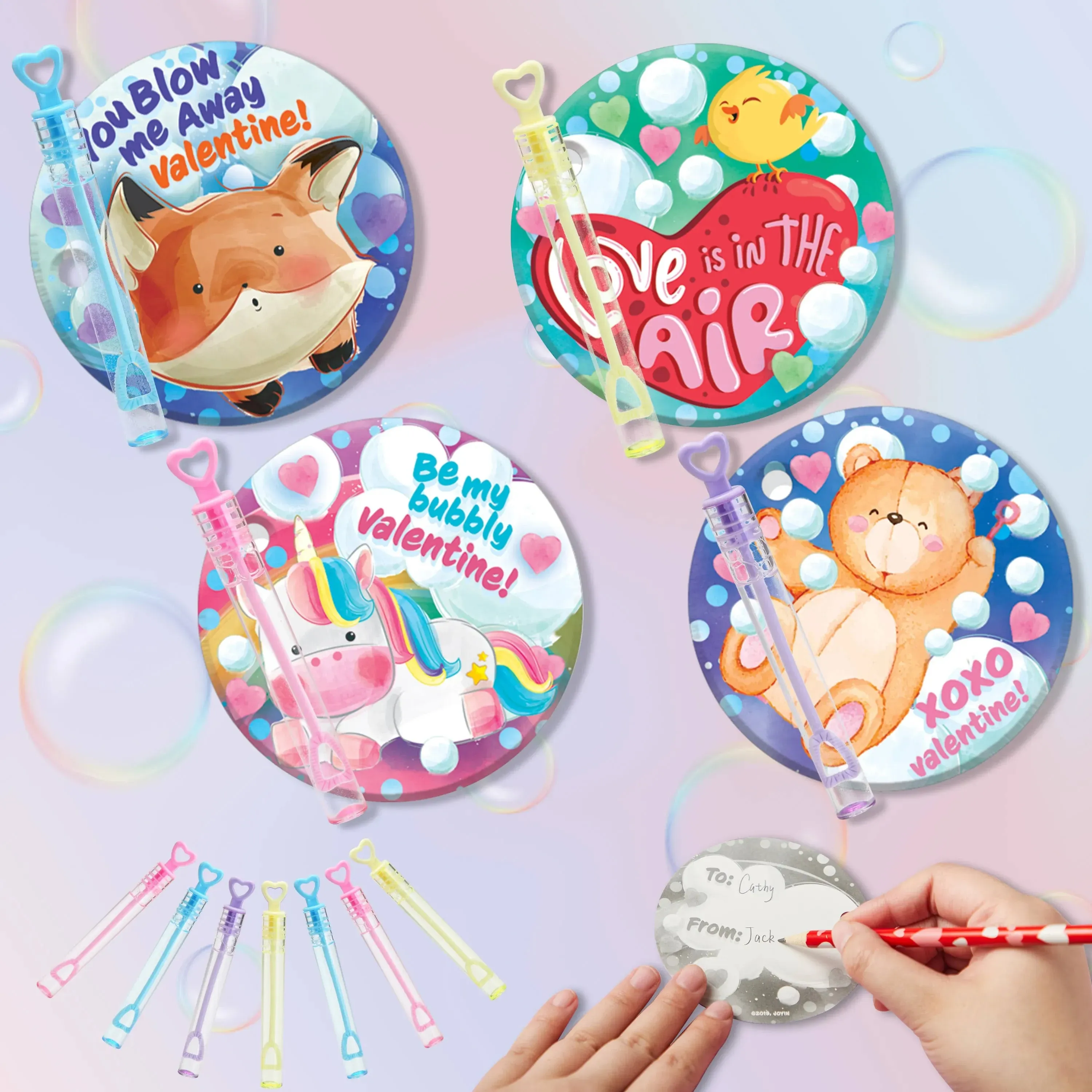 32 Pcs Valentines Gift Cards with Mini Bubble Maker Wands for Kids Party Toy