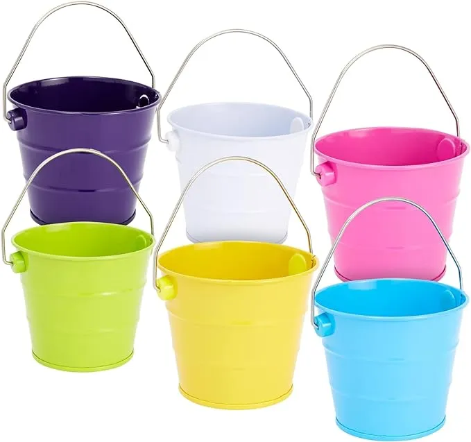 Juvale 6 Pack Mini Buckets with Handles for Kids, Small Metal Buckets for Classroom, Party Favors, Mini Pails, Tin Cans for Crafts (6 Colors, 3.3x2.8 inch)