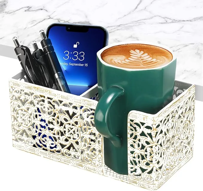 Aurynns Desktop Cup Holder with Clip and Stationery Organizer, Ideal for Storing Drinks, Stationery and Mobile Phones (Black)