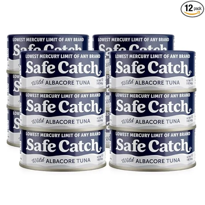 Safe Catch Wild Albacore Tuna Canned Low Mercury Can Tuna Fish Steak Gluten-Free Keto Food Non-GMO Kosher Paleo-Friendly High Protein Every Can Of Tuna Is Tested No Water Oil Tuna, Pack of 12 5ozSafe Catch Wild Albacore Tuna Canned Low Mercury Can Tuna F