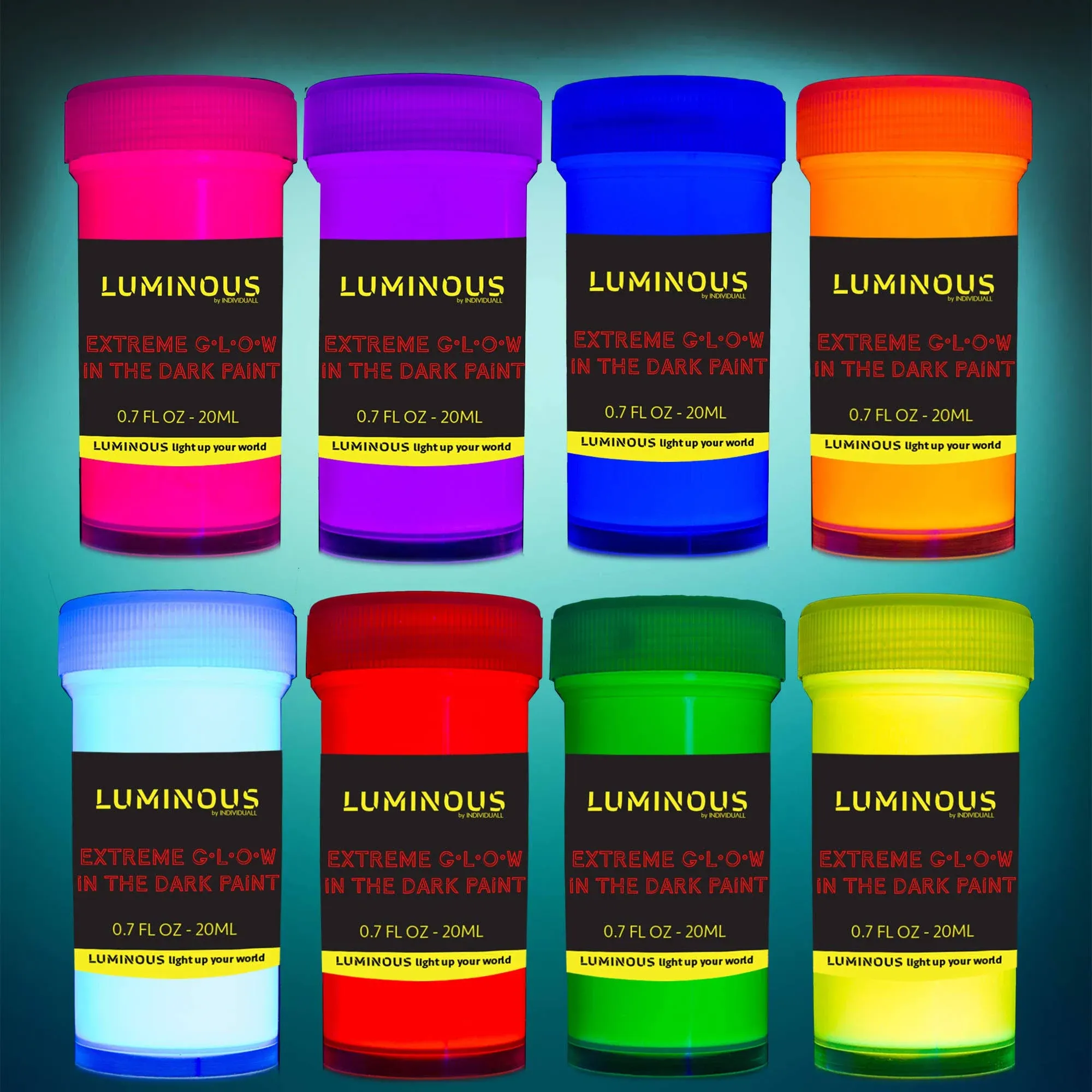 Individuall Luminous Extreme Glow in The Dark Paint Set of 8 x 20 ml / 0.7 fl oz