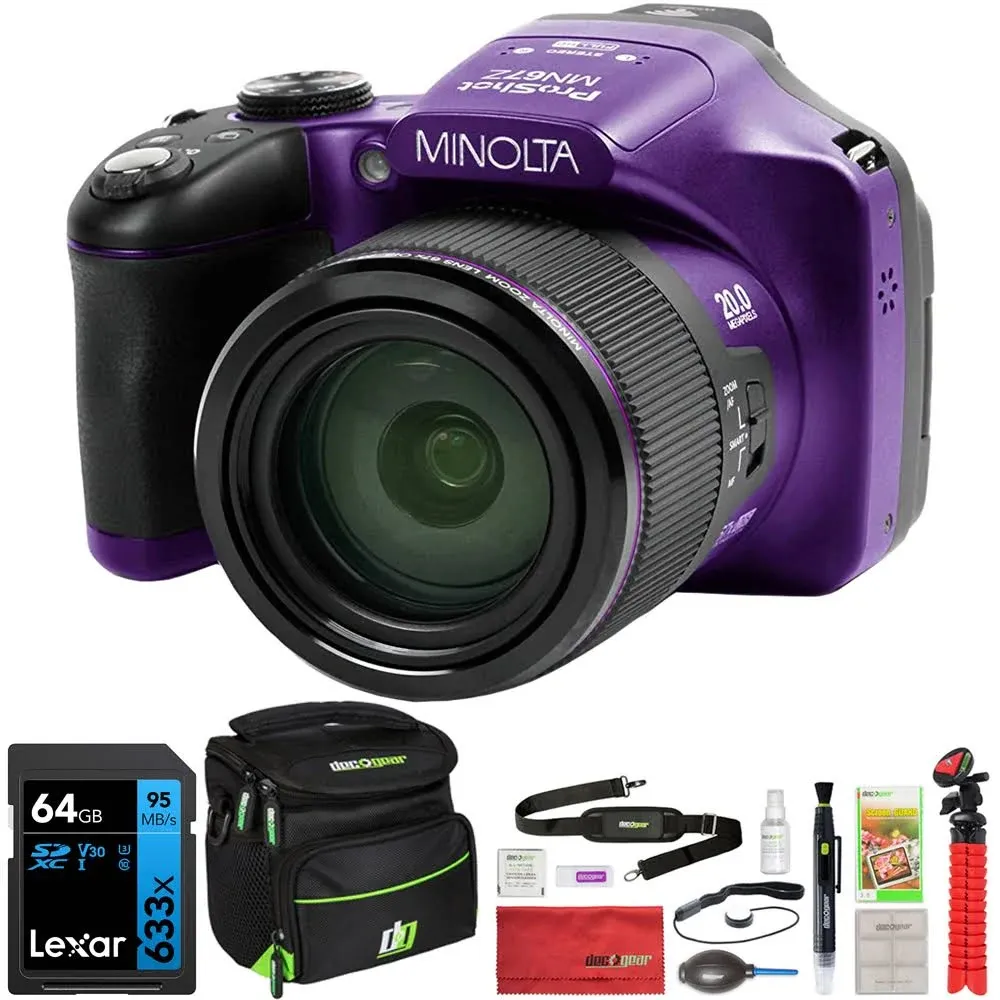 Minolta MN67Z 20MP Full HD Wi-Fi Bridge Camera with 67x Optical Zoom, Purple Essential Bundle with Bag, 64GB SD Card, Octopus Tripod, Corel PC Software Pack and Accessories