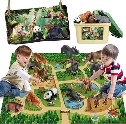 Mini Tudou 12 Pcs Safari Animals Figures Toys w/ 57x38.6'' Large Activity Play Mat, Realistic Jumbo Jungle Wild Toy Zoo Animal Figurines Playset w/ Elephant, Giraffe, Lion for Kids Toddlers Boys Girls