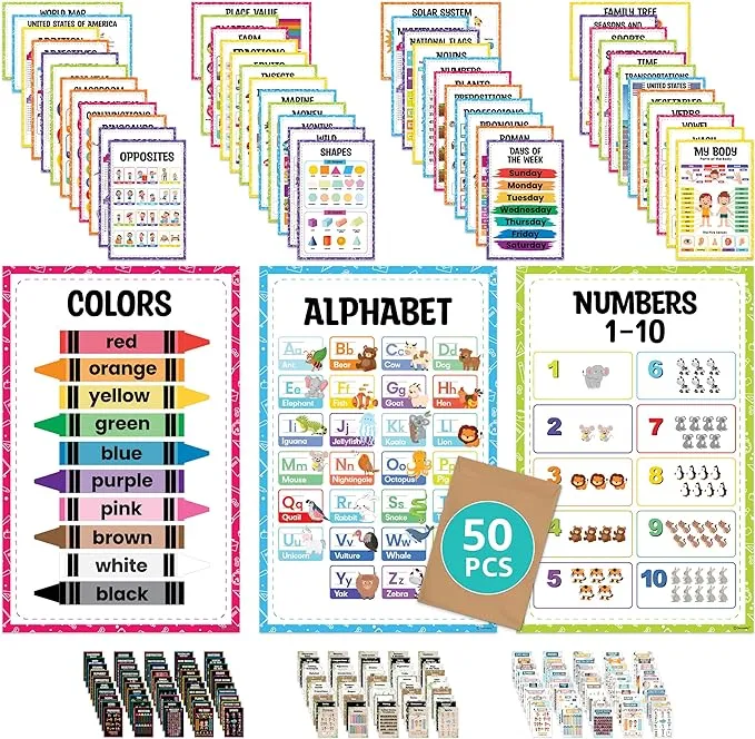 Decorably Preschool Posters for Classroom - 50 Kindergarten Posters for Classroom, 11x17in Learning Posters for Kids Ages 3-5, Preschool Posters for Toddlers, Toddler Learning Posters, Pre K Posters