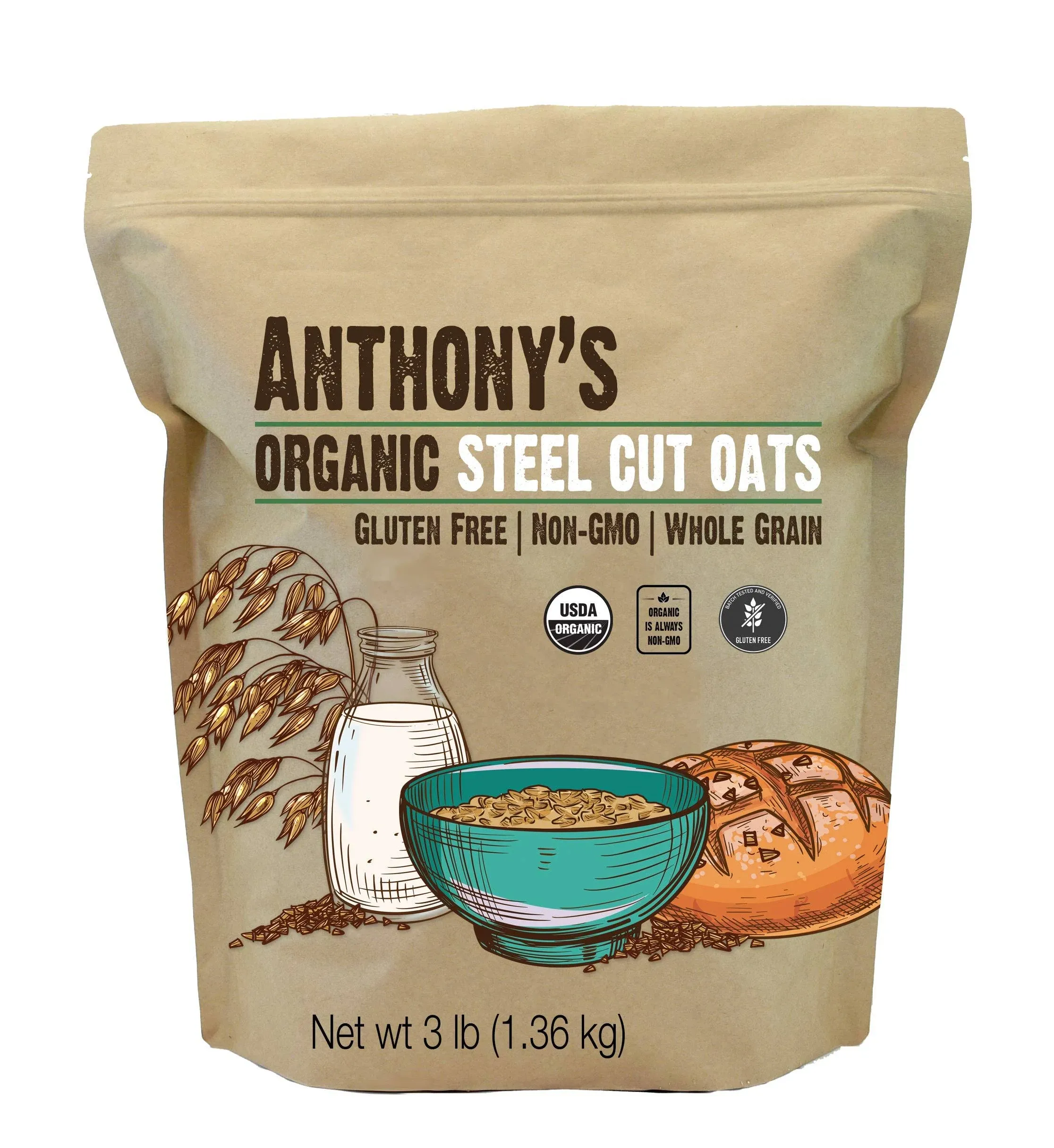 Anthony's Organic Steel Cut Oats, 3 lb, Gluten Free, Non GMO, Irish Oatmeal ...