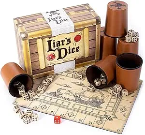 Liar's Dice Game Set - Classic Family Bluffing Game - Treasure Chest Includes Six Professional Bicast Leather Dice Cups, 30 Custom Bullseye D6 Dice, Custom Bidding Die, Pirate Ship Game Mat