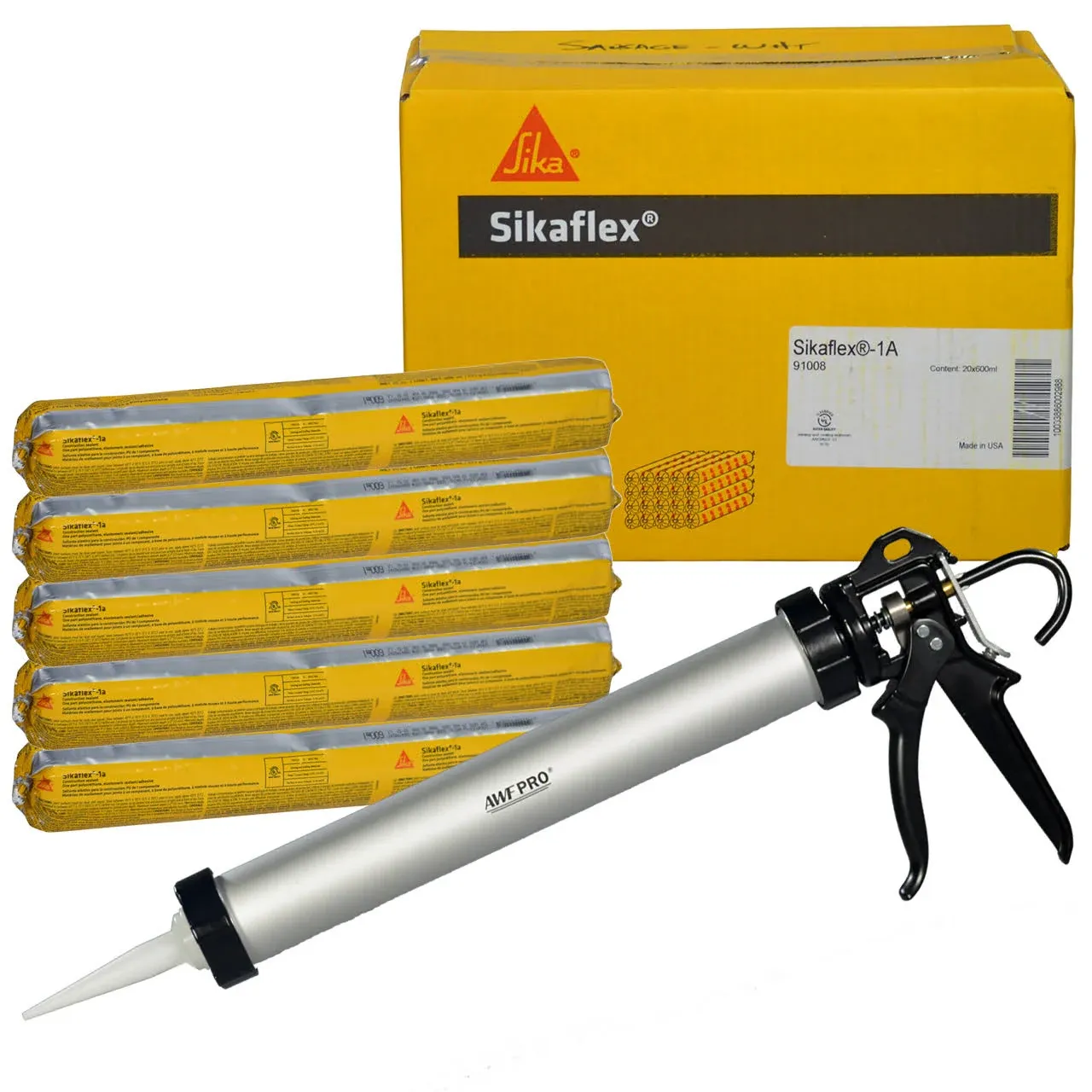 AWF PRO Sikaflex 1a Kit - One Component, Flexible, Non Sag, Polyurethane Concrete and Masonry Sealant for Vertical and Horizontal Surfaces, Sikaflex 1a 20 oz Sausage White (5), Caulking Gun