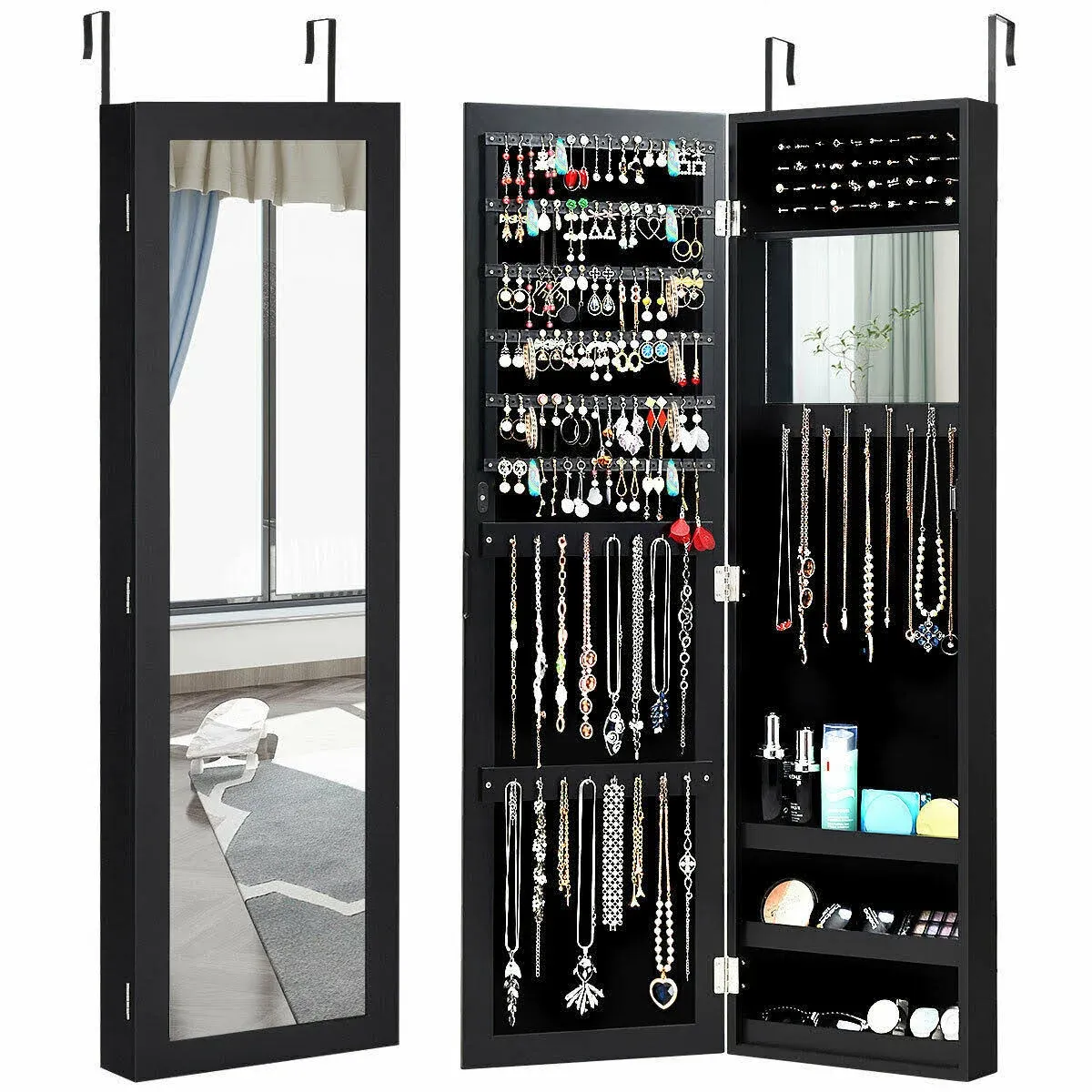 Wall Door Mounted Mirrored Jewelry Cabinet Storage Organizer-Black | Costway