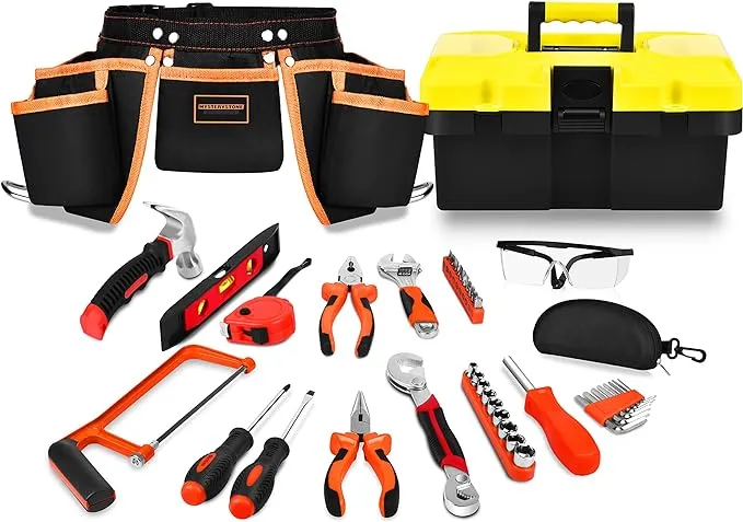 Mysterystone 45 Pieces kids real tool set Construction Tool Set for Kids with tool belt,hand tools,safety gogles,solid tool box-Kids Learning Tool Kit for Home DIY and Woodworking, Great Gift Tool kit