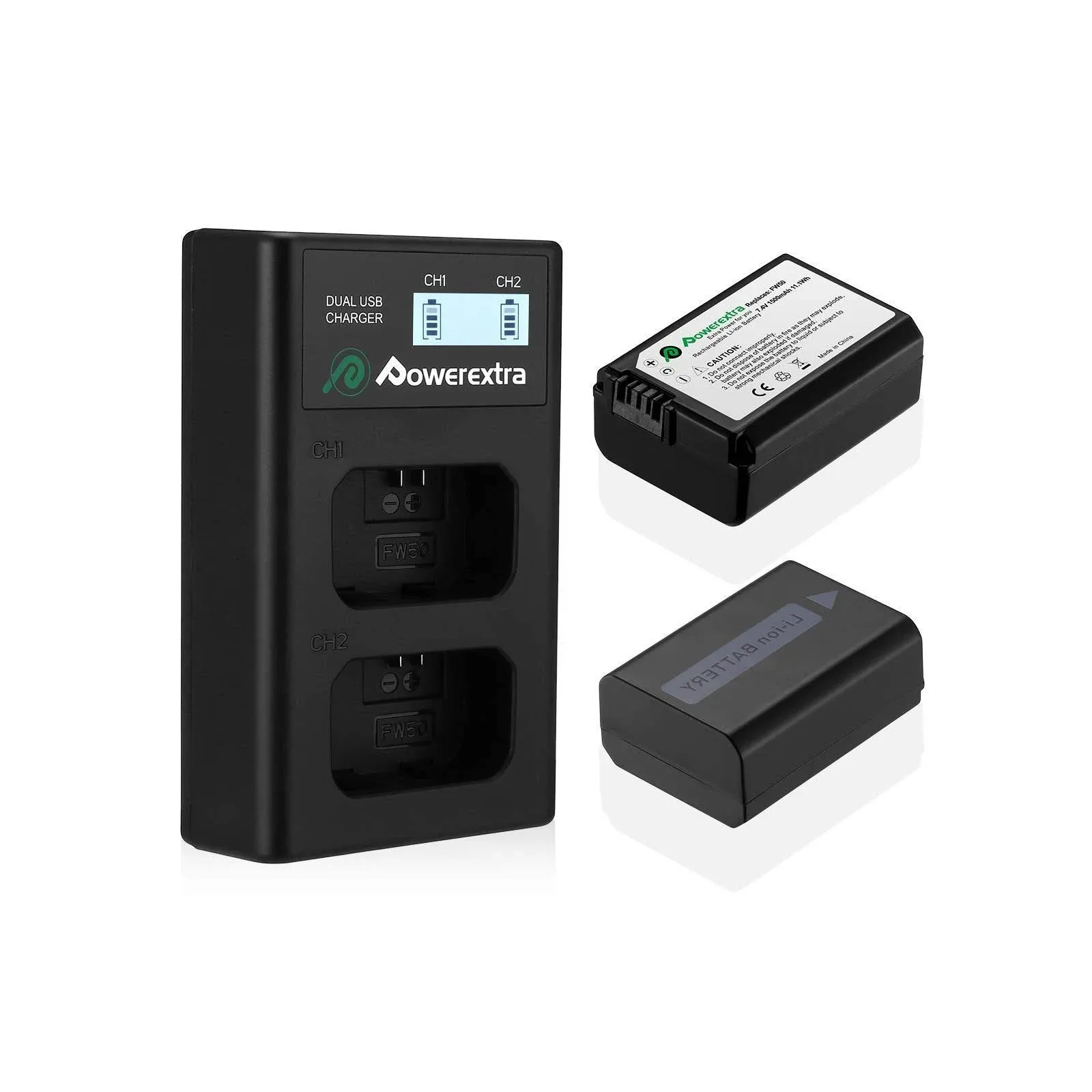 Powerextra 2 Pack Replacement Sony NP-FW50 Battery and Smart LCD Display Dual Usb Charger Compatible for Sony ZV-E10