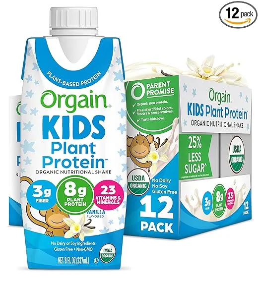 Orgain Kids Plant Protein Organic Nutritional Shake, Vanilla, 8-Ounce Carton