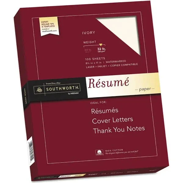 Southworth 100% Cotton Resume Paper, 32 lb, 8.5 x 11, Ivory, 100/Pack