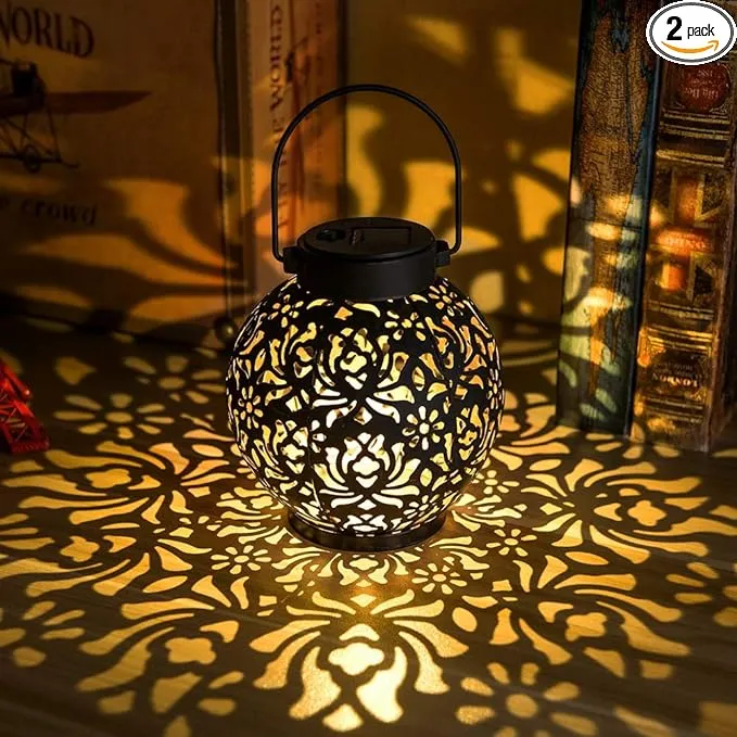 2 Pack Outdoor Solar Hanging Lantern Lights Metal LED Decorative Light for Garden Patio Courtyard Lawn and Tabletop with Hollowed-Out Design. Black Color.