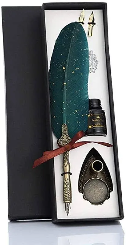 Feather Pen and Ink Set, Glittering Quill Pen Set Antique Calligraphy Dip Pen wi