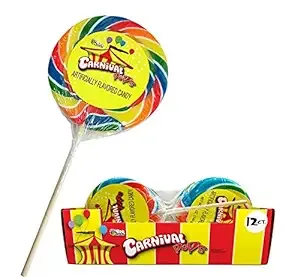 Giant 4.25 oz Carnival Lollipop with multi swirl colors with carnival pop label - 12 Count Display Box