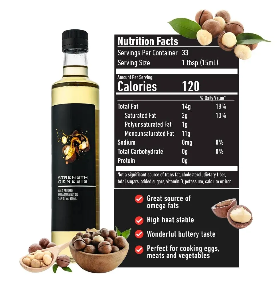 Vegan Cooking, Cold-Pressed Australian Macadamia Nut Oil, 100% Natural Plant Based Raw Mac Nut Oil for Cooking, Vegan, Non-GMO, 16.9 Ounce Glass Bottle