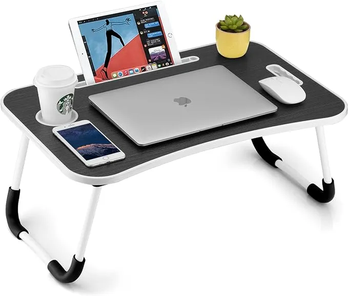 FISYOD Foldable Laptop Table, Portable Lap Desk Bed Table Tray, Laptop Stand with Cup Holder & Tablet Slot & Lifting Handle for Working Writi