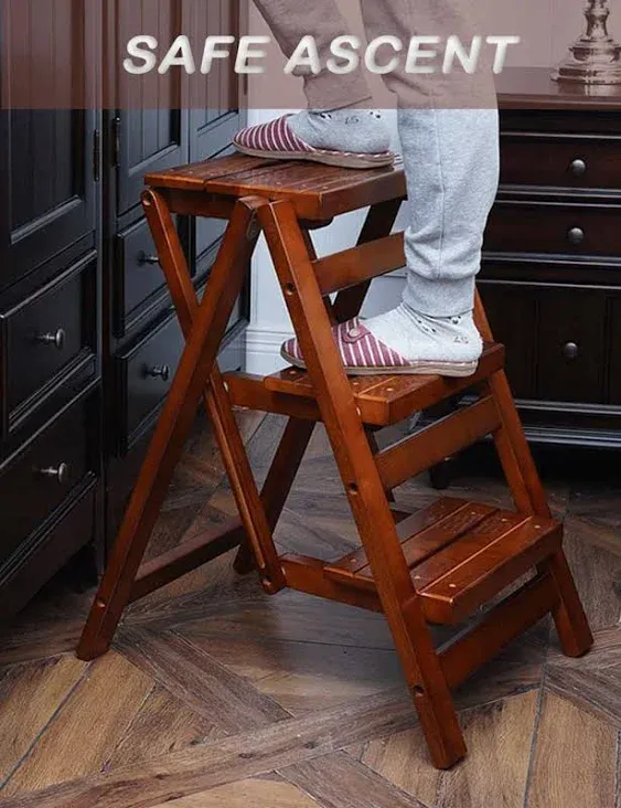 3 Step Stool Wooden Folding Ladder Chair Thickened Library Stair Chair Portable Light Garden Tool Ladder Maximum Load 337bl