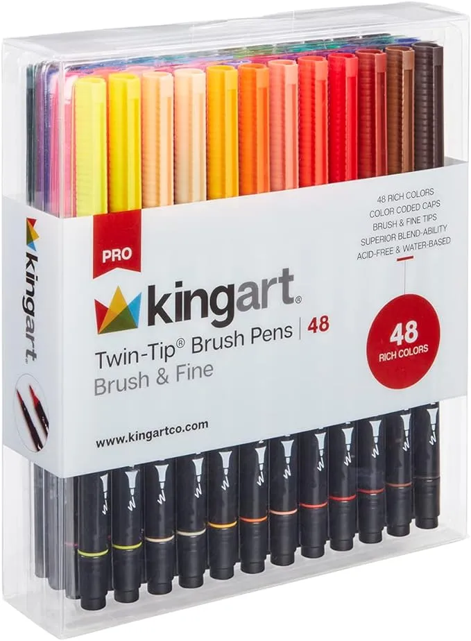 Kingart Dual Tip Brush Pen Art Markers, Set of 48 Unique Colors