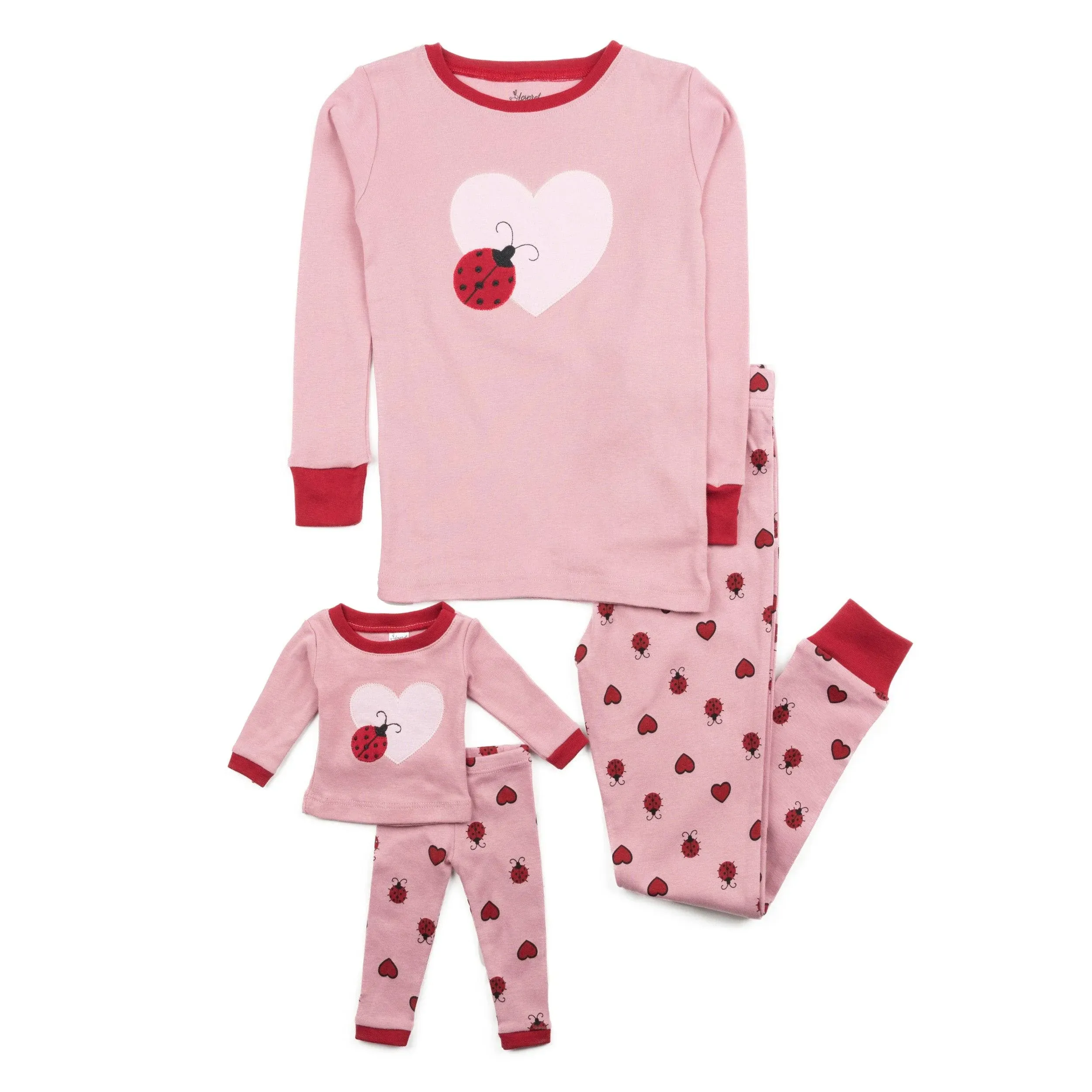 Leveret Matching Girl & Doll Cotton Pajamas ladybug-light-pink / 12 Years