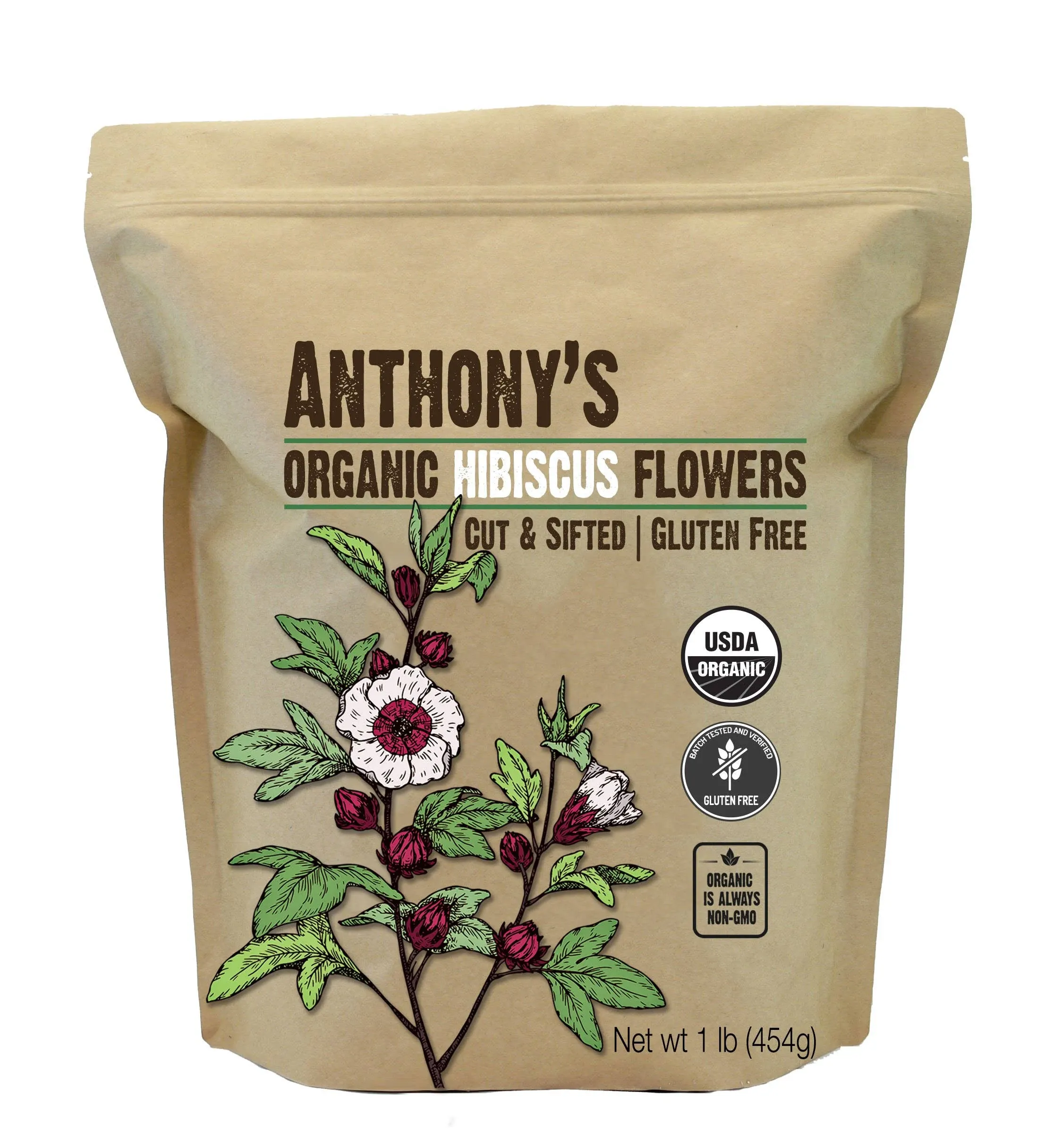 Anthony's Organic Hibiscus Flowers, 1 lb, Cut & Sifted, Gluten Free, Non GMO, Non Irradiated, Keto Friendly