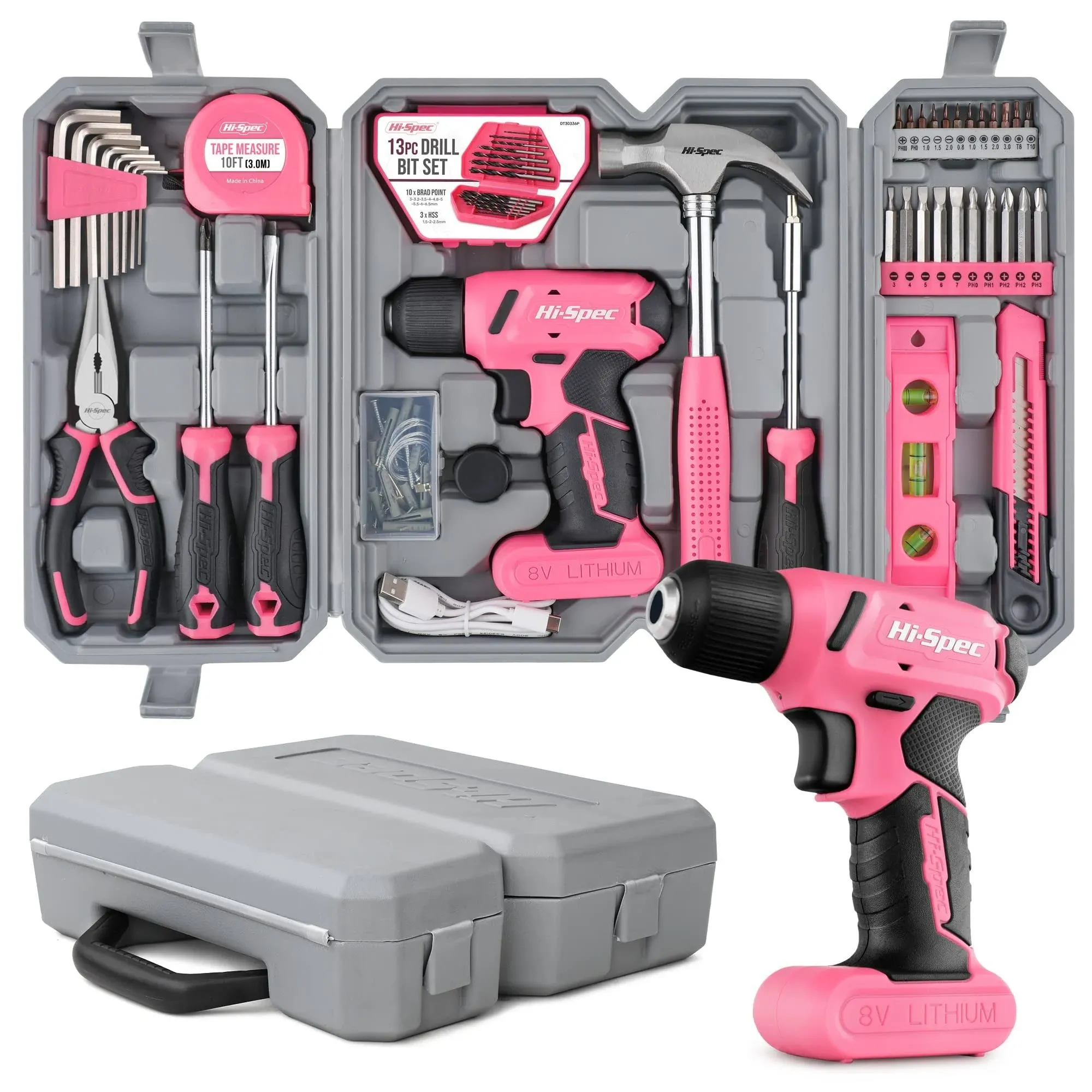 Hi-Spec 58Pc Pink 8V USB Electric Drill Driver & Household Tool Kit Set. DIY