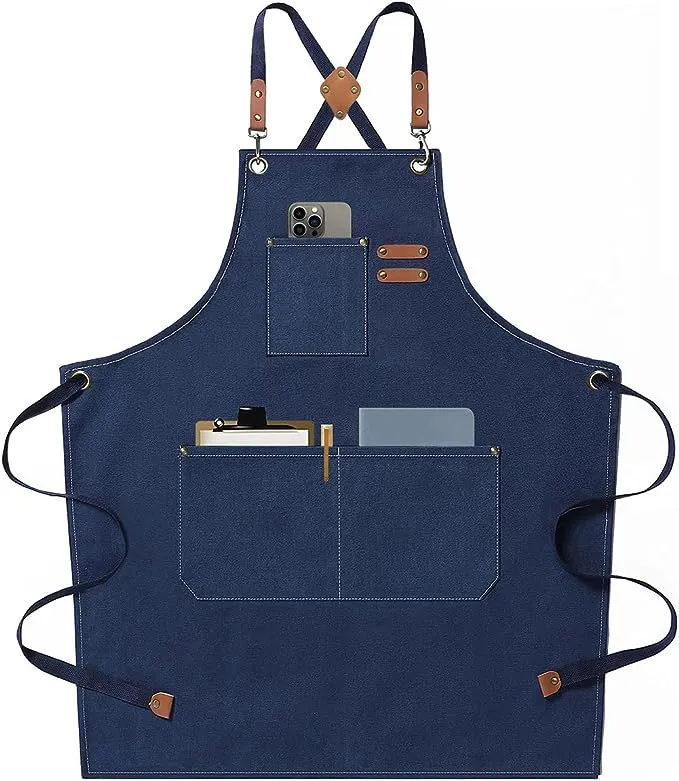 AFUN Chef Aprons for Men Women with Large Pockets, Cotton Canvas Cross Back Heavy Duty Adjustable Work Apron, Size M to XXL (Darkblue)