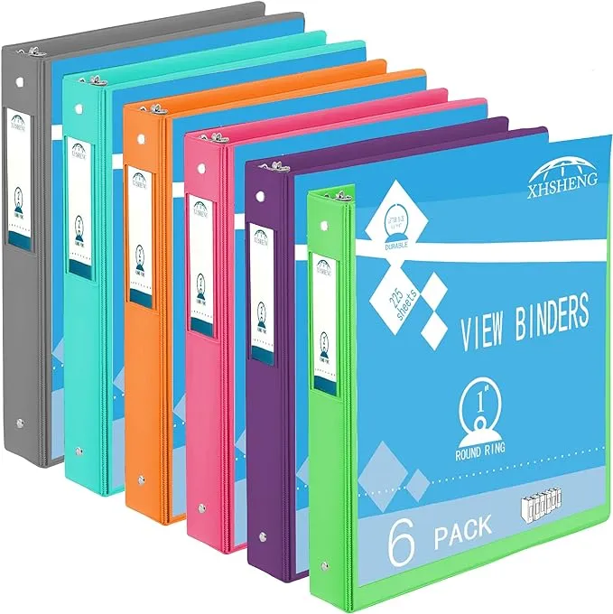 3 Ring Binders,1” Round Ring, Holds 8.5 * 11inch Papers, with 2 Pockets,6 Colors Binder Assorted Pack