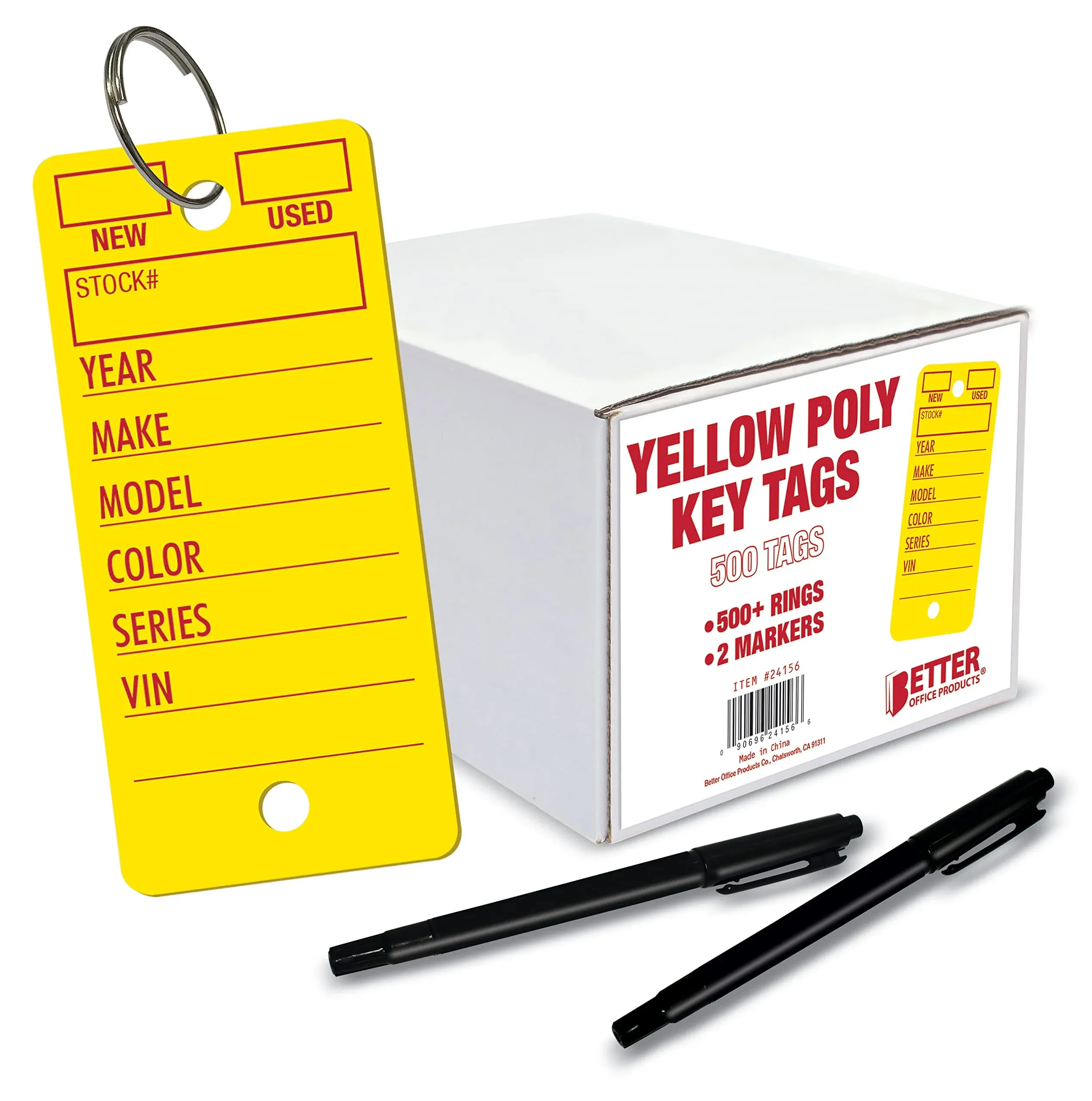 Better Office Products 500 Poly Key Tags, 1.375" x 3", Durable Plastic Dealership Automotive Service Shop Tags, Includes 500+ Rings and 2 Black Markers, (Yellow)