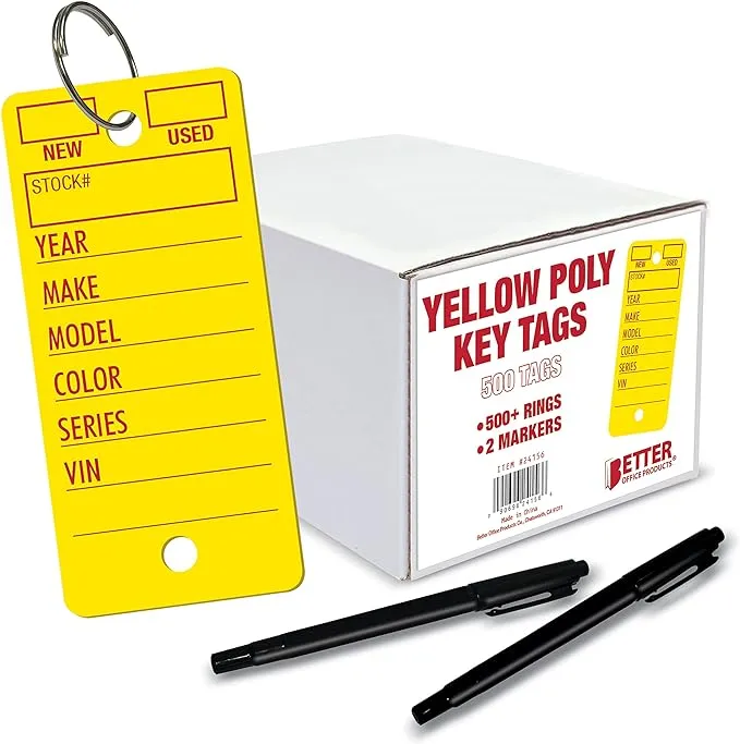 Better Office Products 500 Poly Key Tags 1375 x 3 Durable Plastic Dealership Automotive Service Shop Tags includes 500 Ri