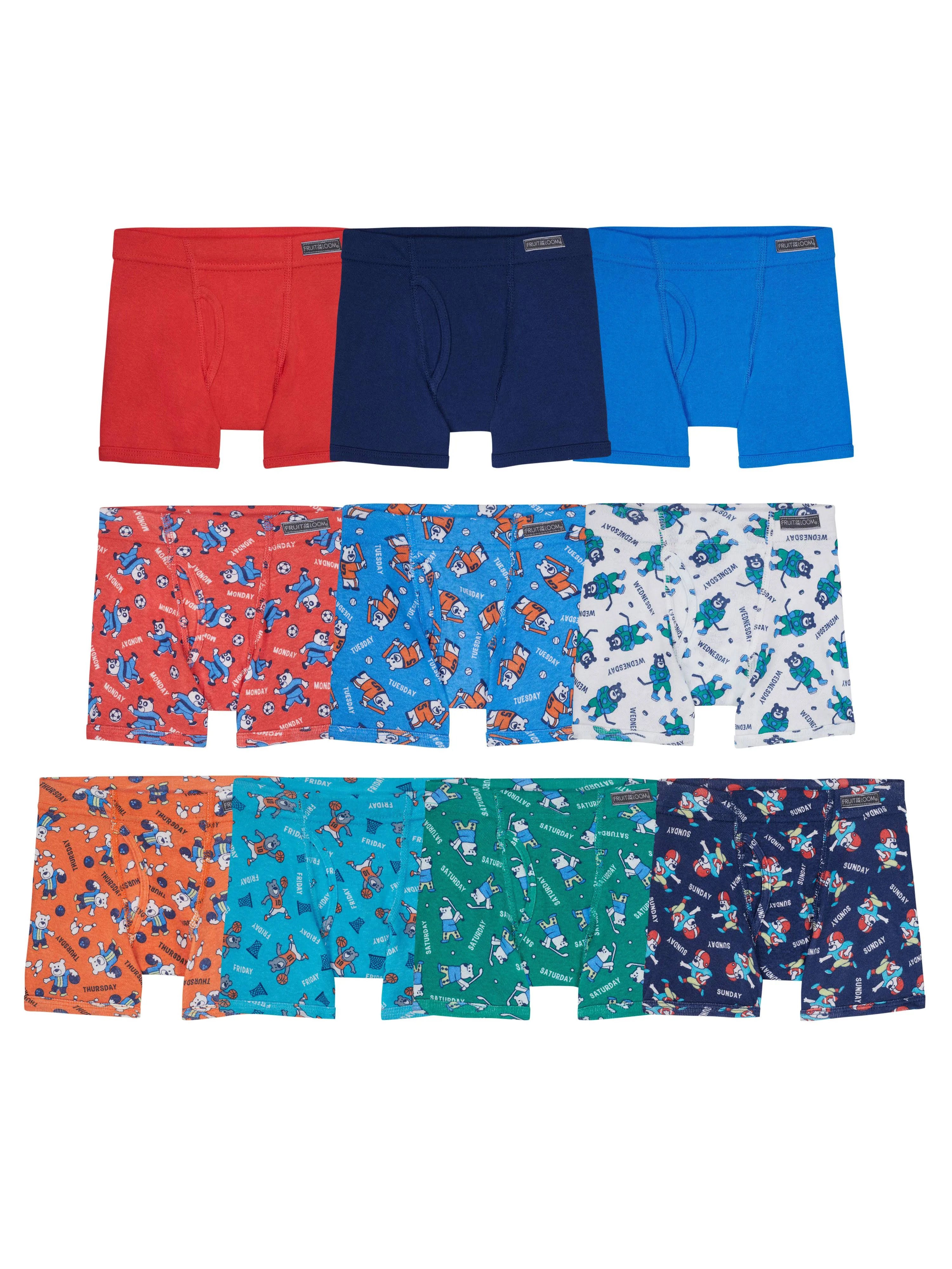 Fruit of The Loom Toddler Boys Underwear, 10 Pack Print and Solid Boxer Briefs