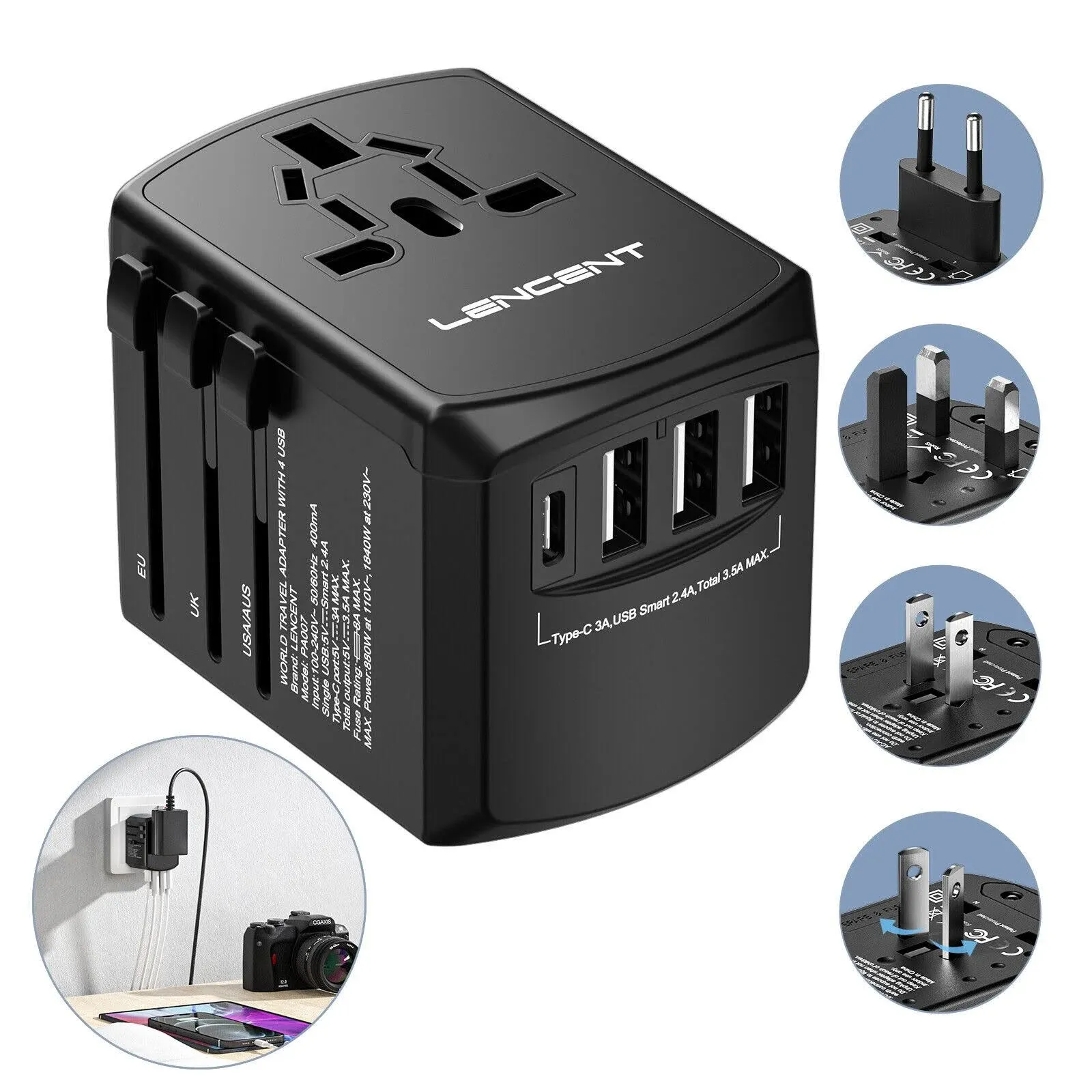 LENCENT Universal Travel Adapter, International Charger with 3 USB Ports and Type ...